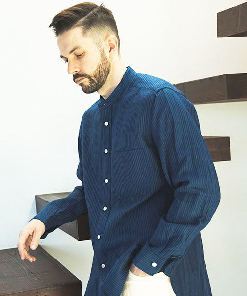 CLASSIC PATTERN INDIGO LINEN / BAND COLLAR SHIRT