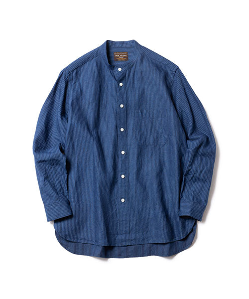 CLASSIC PATTERN INDIGO LINEN / BAND COLLAR SHIRT