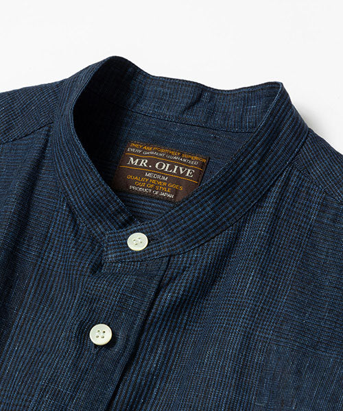 CLASSIC PATTERN INDIGO LINEN / BAND COLLAR SHIRT