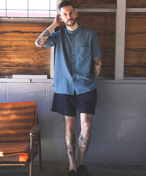T/R POWDER CLOTH / BAND COLLAR S/S SHIRT