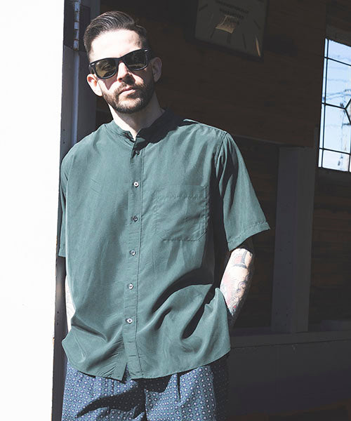 T/R POWDER CLOTH / BAND COLLAR S/S SHIRT