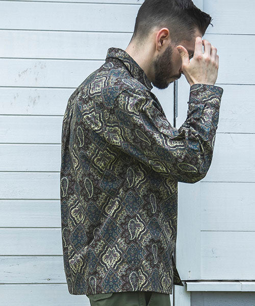 70's BATIK RIP STOP / SQUARE CUT REGULAR COLLAR SHIRT