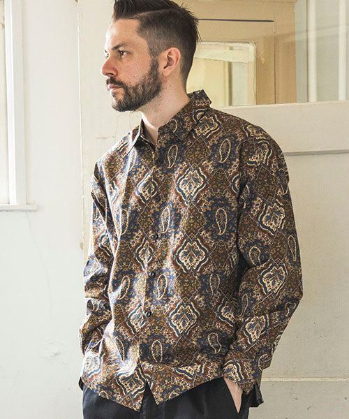 70's BATIK RIP STOP / SQUARE CUT REGULAR COLLAR SHIRT