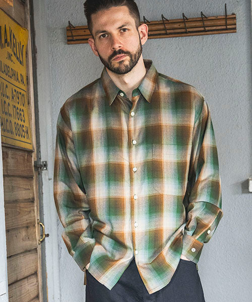 RAYON TWILL CHECK / SQUARE CUT REGULAR COLLAR SHIRT