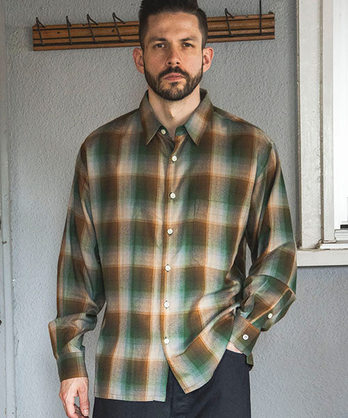 RAYON TWILL CHECK / SQUARE CUT REGULAR COLLAR SHIRT