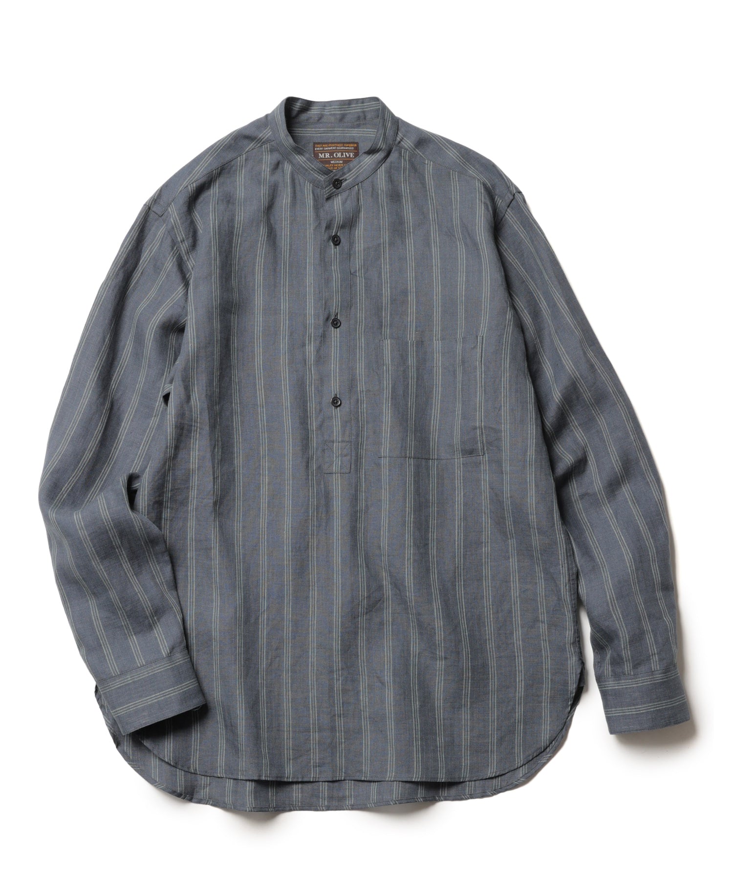 MROLIVE / STRIPE LINEN CLOTH / PULLOVER BAND COLLAR SHIRT