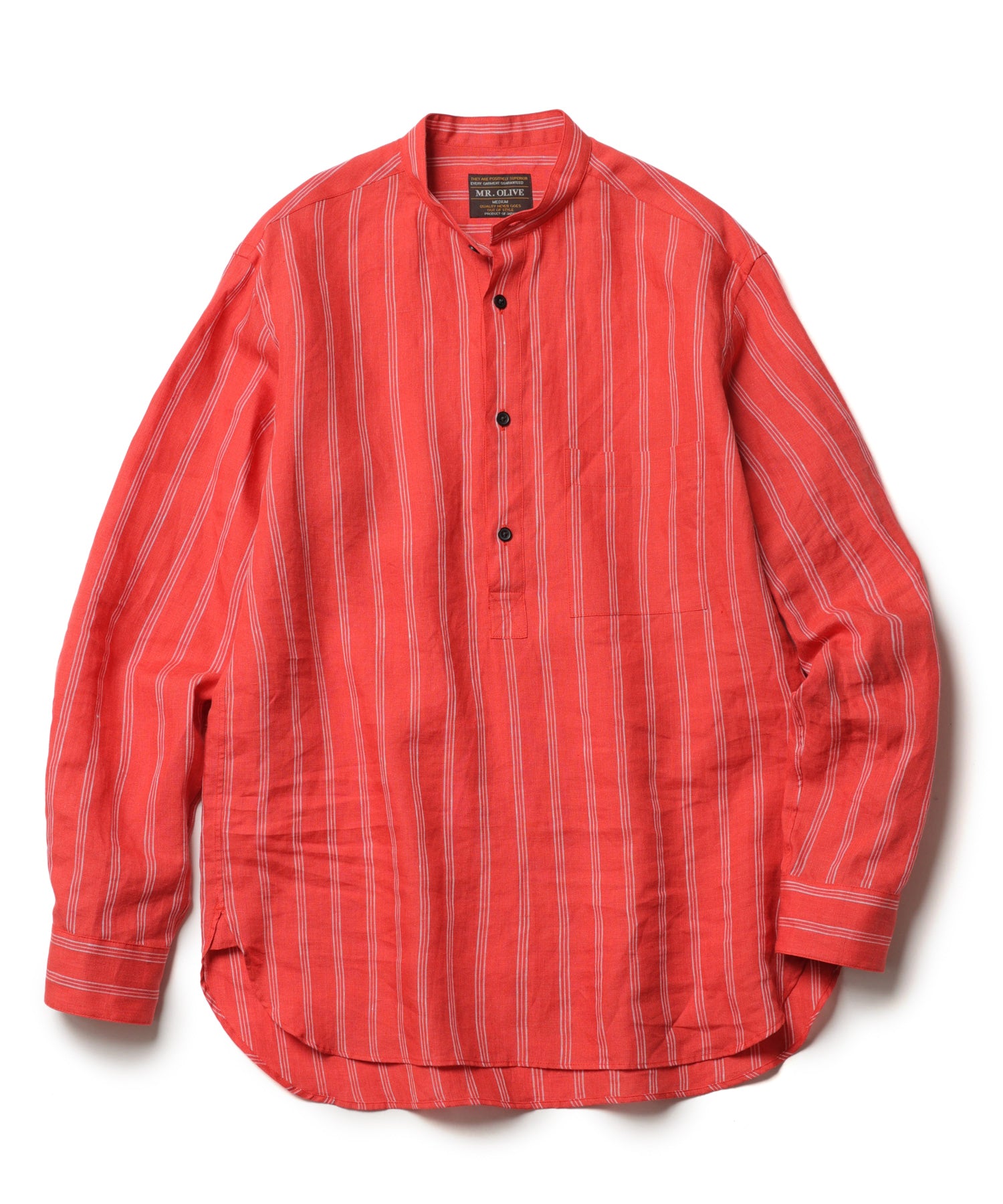 MROLIVE / STRIPE LINEN CLOTH / PULLOVER BAND COLLAR SHIRT